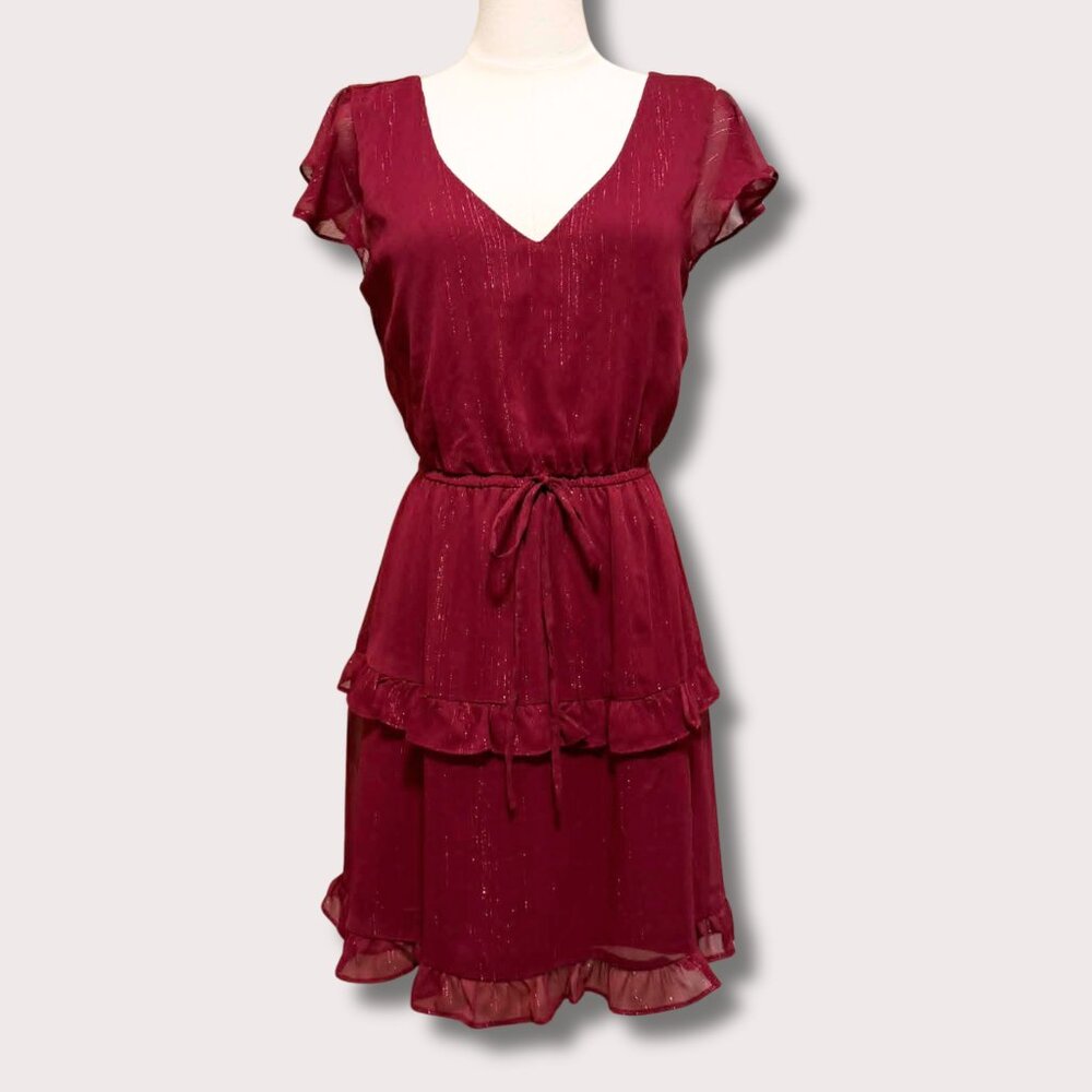 By & By Burgundy Shimmer Flutter Sleeve Dress – Size S | Romantic & Whimsical